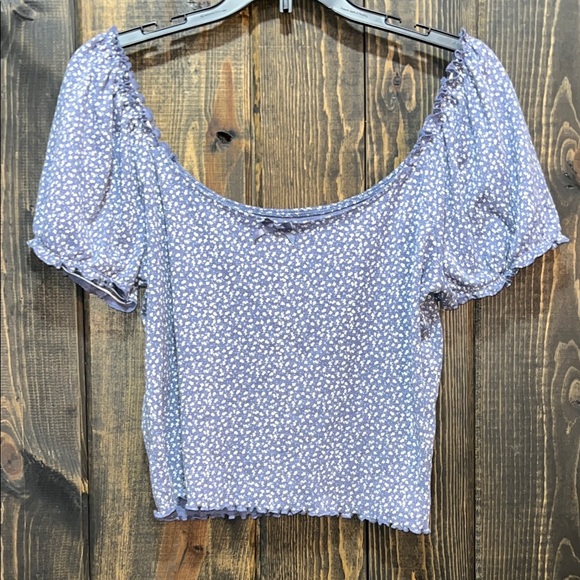 American Eagle Floral Crop Top XL Blue Puff Sleeve Ruffle Off Shoulder Babydoll - Picture 1 of 11